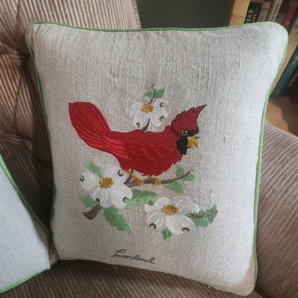 Set of 3 Embroidered Bird Throw Pillows Robin Goldfinch Cardinal 12x12 Accent